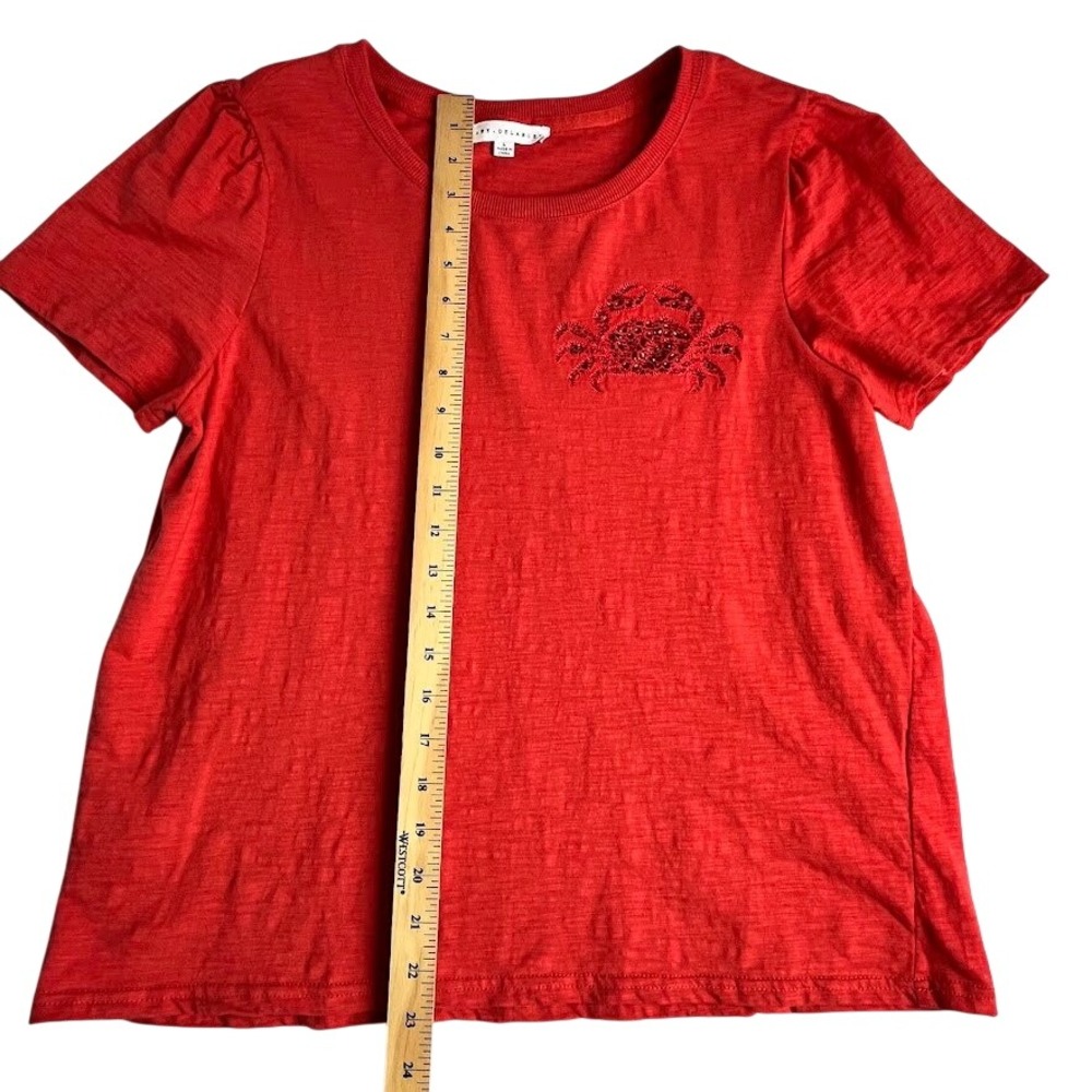 Jane + Delancey T-Shirt Women Large Red Excellent Beaded Crab Puff Sleeve Slub - Picture 5 of 8